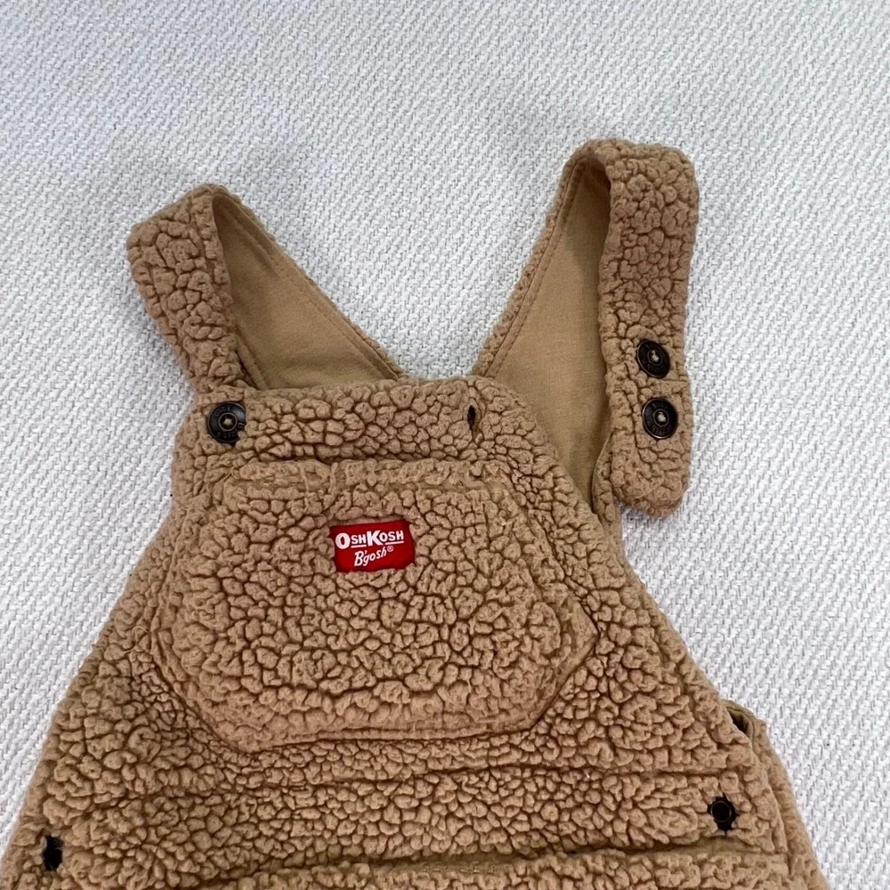 OshKosh B'gosh Baby Teddy Fleece Vestback Overalls Baby 12M Brown Teddy Bibs